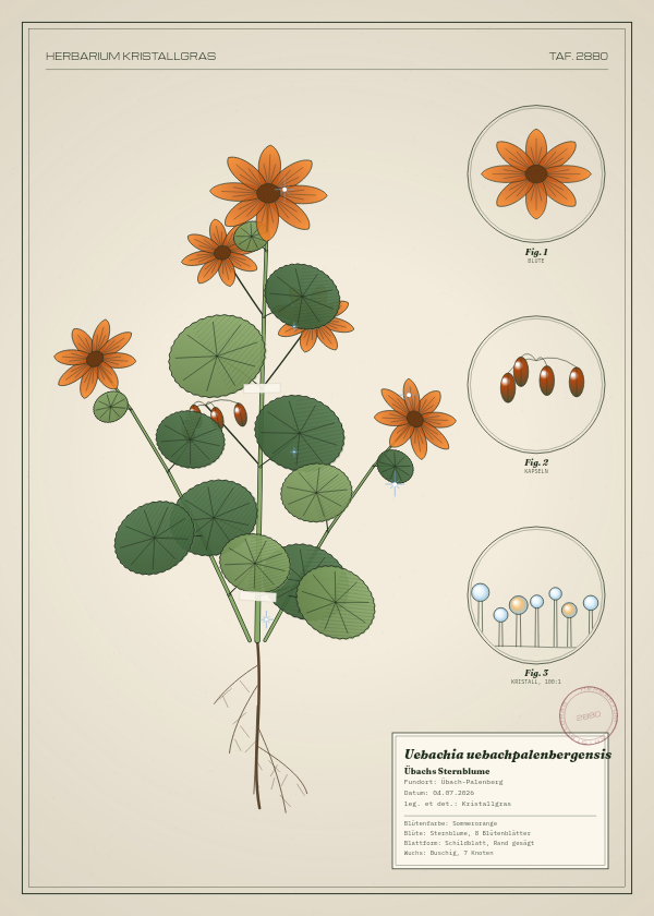 Botanische Tafel: Uebachia uebachpalenbergensis, eine erfundene Pflanze aus Übach-Palenberg, gezeichnet wie in einem alten Pflanzenatlas