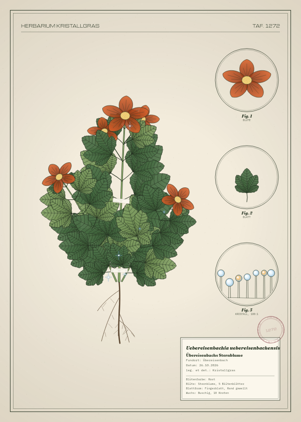 Botanische Tafel: Uebereisenbachia uebereisenbachensis, eine erfundene Pflanze aus Übereisenbach, gezeichnet wie in einem alten Pflanzenatlas