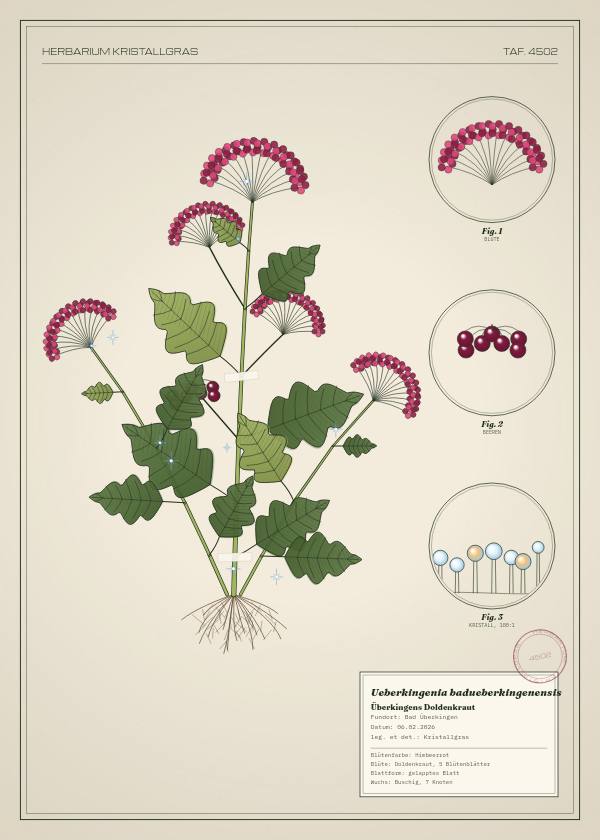 Botanische Tafel: Ueberkingenia badueberkingenensis, eine erfundene Pflanze aus Bad Überkingen, gezeichnet wie in einem alten Pflanzenatlas