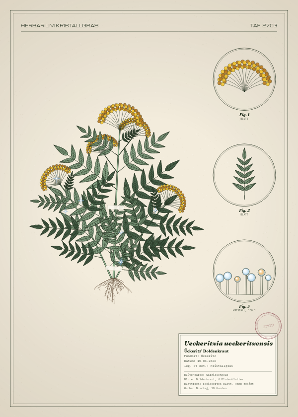 Botanische Tafel: Ueckeritzia ueckeritzensis, eine erfundene Pflanze aus Ückeritz, gezeichnet wie in einem alten Pflanzenatlas