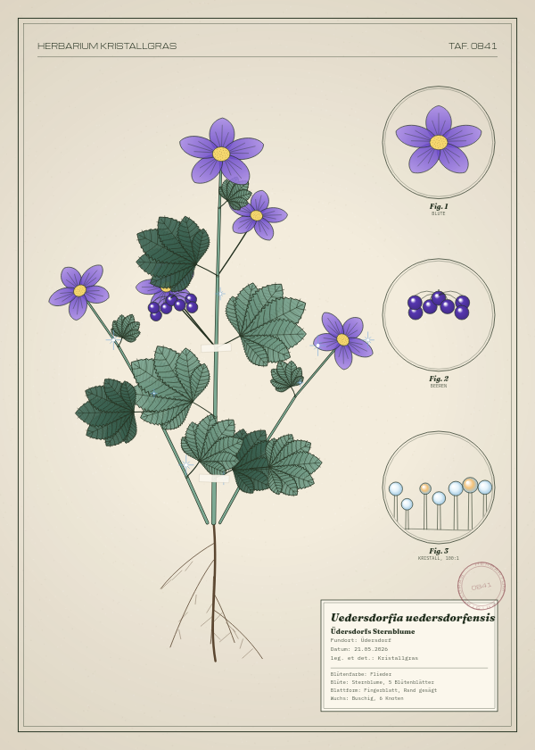 Botanische Tafel: Uedersdorfia uedersdorfensis, eine erfundene Pflanze aus Üdersdorf, gezeichnet wie in einem alten Pflanzenatlas