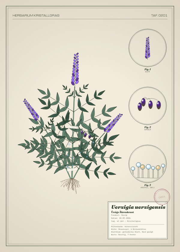 Botanische Tafel: Uerzigia uerzigensis, eine erfundene Pflanze aus Ürzig, gezeichnet wie in einem alten Pflanzenatlas