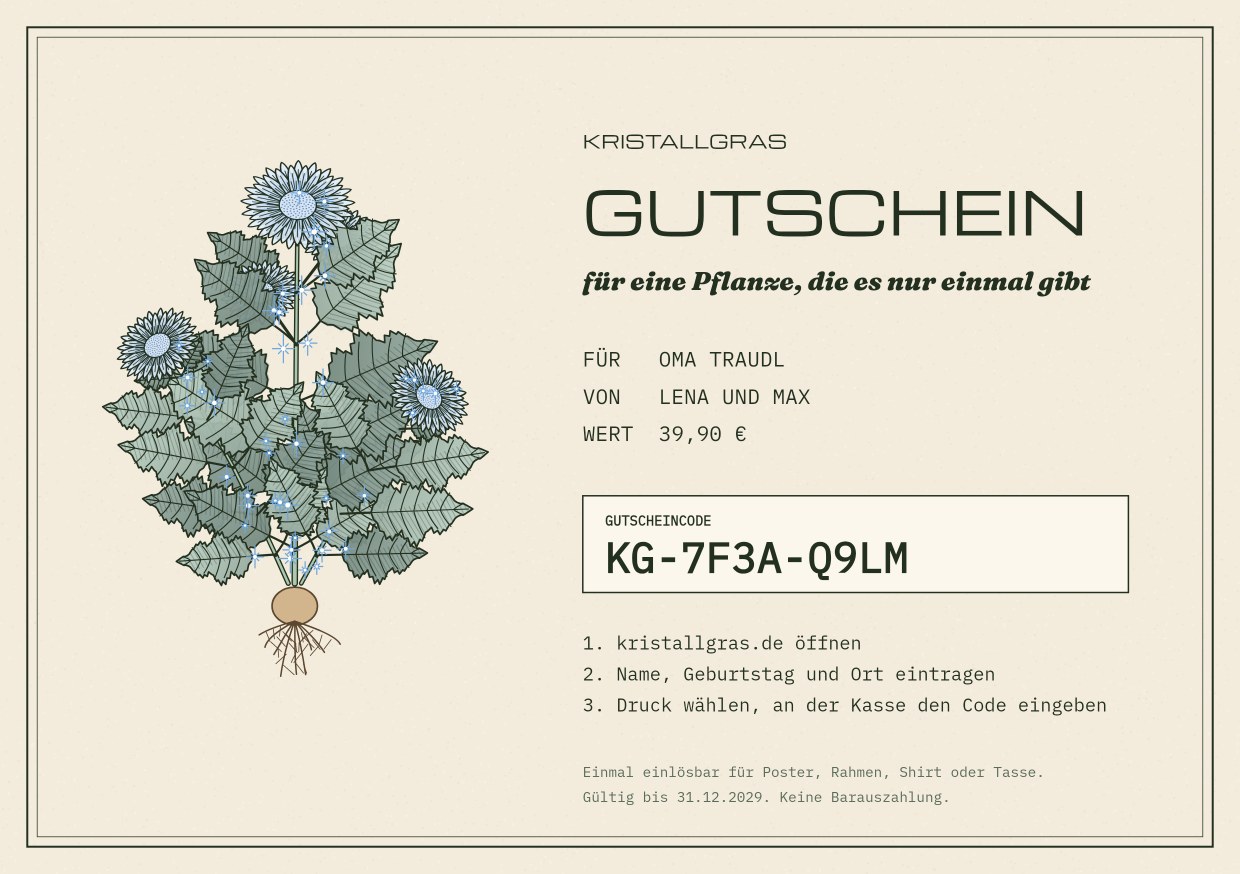 Beispiel eines Kristallgras-Gutscheins: links eine gezeichnete Pflanze, rechts Für, Von, Wert und der Gutscheincode